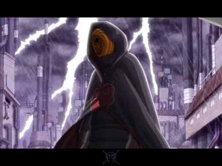 HD desktop wallpaper featuring Obito Uchiha from the anime Naruto, standing in front of an industrial cityscape with dramatic lightning in the background.