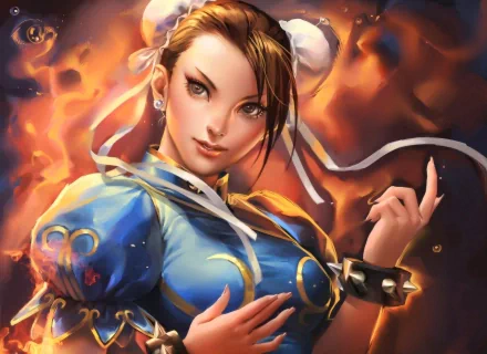 HD desktop wallpaper featuring Chun-Li from the Street Fighter video game series, showcasing her in a dynamic, fiery background.