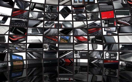 HD PC desktop wallpaper featuring a dynamic collage of man-made Toshiba laptop details and logos in a sleek, modern design.