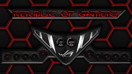 A dynamic Asus ROG HD wallpaper featuring a striking black and red hexagonal design, showcasing the Republic of Gamers logo and gaming elements for an immersive tech vibe.