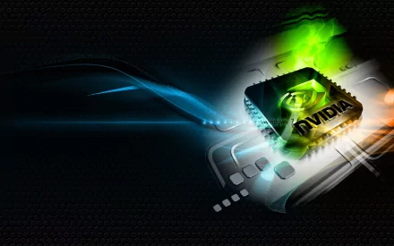 A vibrant HD desktop wallpaper featuring an Nvidia graphics chip, with dynamic blue and green light effects, showcasing technology aesthetics and modern digital design.