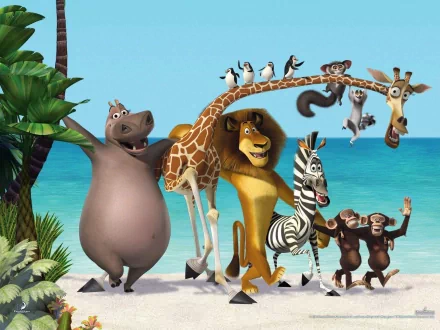 A vibrant HD wallpaper featuring characters from Madagascar 3: Europe's Most Wanted, including a monkey, hippo, giraffe, penguin, lion, and zebra against a beach backdrop.
