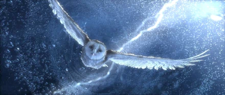 4K Ultra HD CGI image of a flying owl with outstretched wings amidst snow and lightning, inspired by the movie Legend of the Guardians: The Owls of Ga'Hoole.
