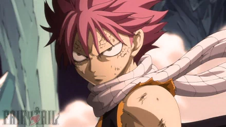 HD desktop wallpaper featuring Natsu Dragneel from the anime Fairy Tail, showcasing his intense expression with his trademark pink hair and white scarf.