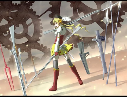 Mami Tomoe from Puella Magi Madoka Magica stands confidently amid floating rifles and large gears in this HD anime desktop wallpaper.