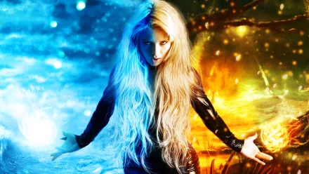 A captivating fantasy-themed HD wallpaper featuring a powerful figure with flowing hair, wielding magic amidst a vibrant backdrop of blue and orange hues.