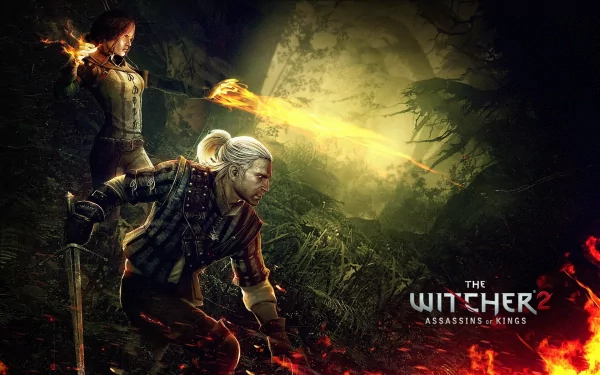 A dynamic HD wallpaper from The Witcher 2: Assassins Of Kings, featuring Geralt and a female character in a dark, mystical forest, with magical flames illuminating the scene.