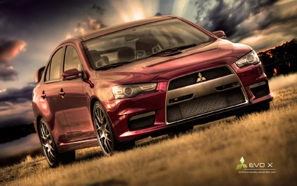 Red Mitsubishi sedan parked in a grassy field under a dramatic sky — HD PC desktop wallpaper and background showing a low-angle frontal view of the vehicle.