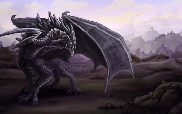 HD fantasy desktop wallpaper featuring a detailed black dragon with outstretched wings against a misty mountainous background.