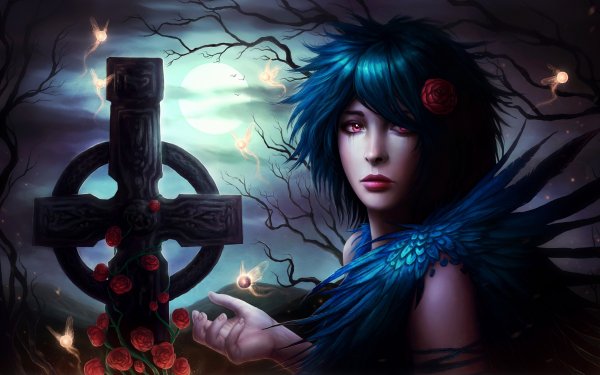 Sombre Gothique Fantaisie Fée Croix Sad Blue Hair Nuit Lune Fleur Fond d'écran HD | Image