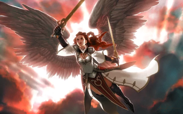 A powerful angelic warrior wields a sword amidst dramatic clouds and vibrant light, showcasing a stunning art style inspired by Magic: The Gathering in this HD desktop wallpaper.