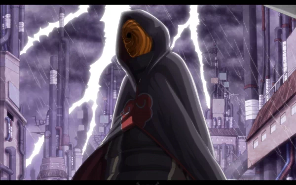 HD desktop wallpaper featuring Obito Uchiha from the anime Naruto, standing in front of an industrial cityscape with dramatic lightning in the background.