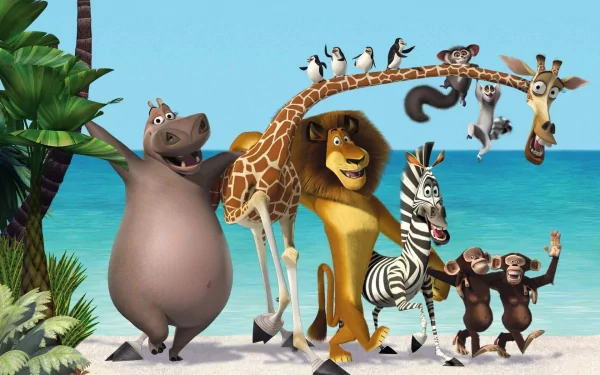 A vibrant HD wallpaper featuring characters from Madagascar 3: Europe's Most Wanted, including a monkey, hippo, giraffe, penguin, lion, and zebra against a beach backdrop.