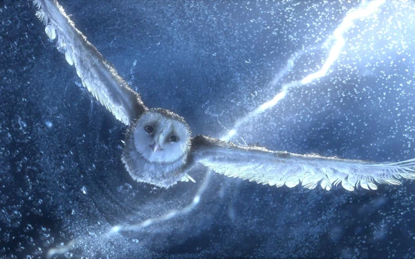 4K Ultra HD CGI image of a flying owl with outstretched wings amidst snow and lightning, inspired by the movie Legend of the Guardians: The Owls of Ga'Hoole.