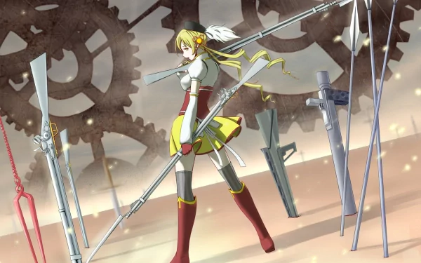 Mami Tomoe from Puella Magi Madoka Magica stands confidently amid floating rifles and large gears in this HD anime desktop wallpaper.