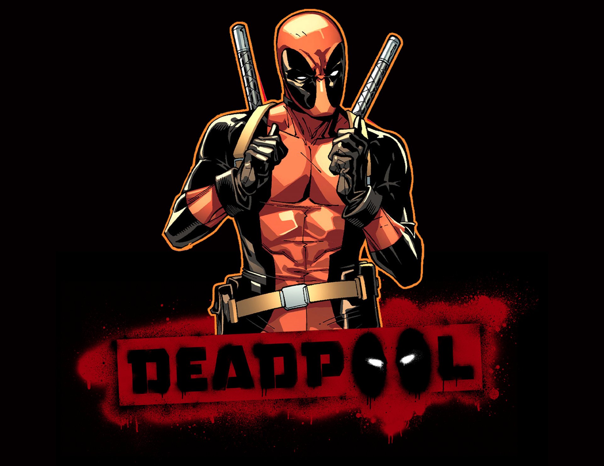 A vibrant HD wallpaper featuring Deadpool, the Merc with a Mouth, striking a bold pose with dual katanas, accompanied by the iconic red and black Deadpool logo.