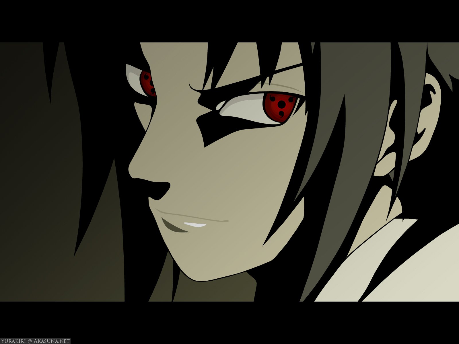 Sasuke Uchiha from the anime Naruto, featuring a close-up of his intense expression and striking red eyes, designed as a high-definition PC desktop wallpaper.