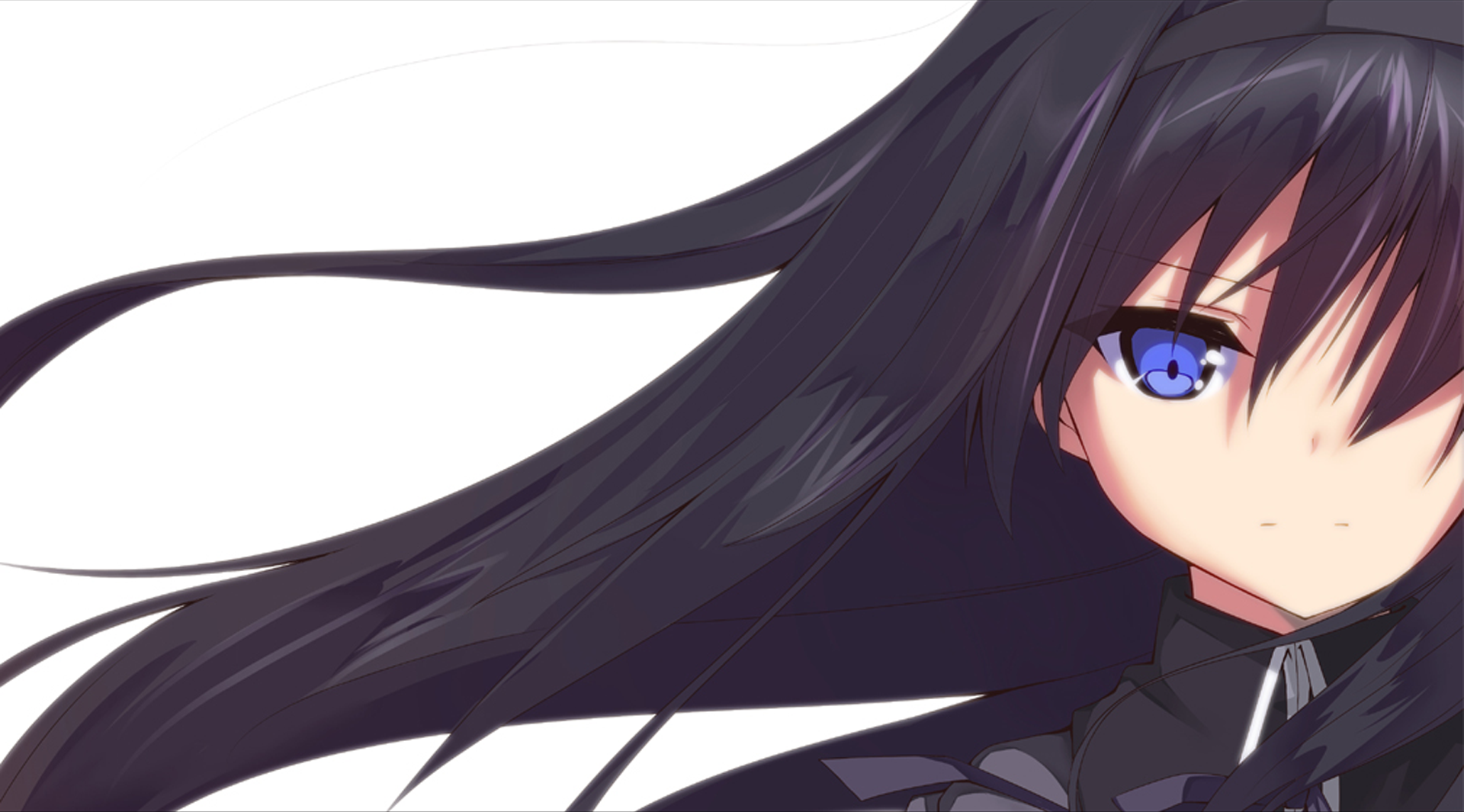 Homura Akemi from Puella Magi Madoka Magica features in this HD desktop wallpaper, showcasing her long black hair and striking blue eyes against a minimalist background.
