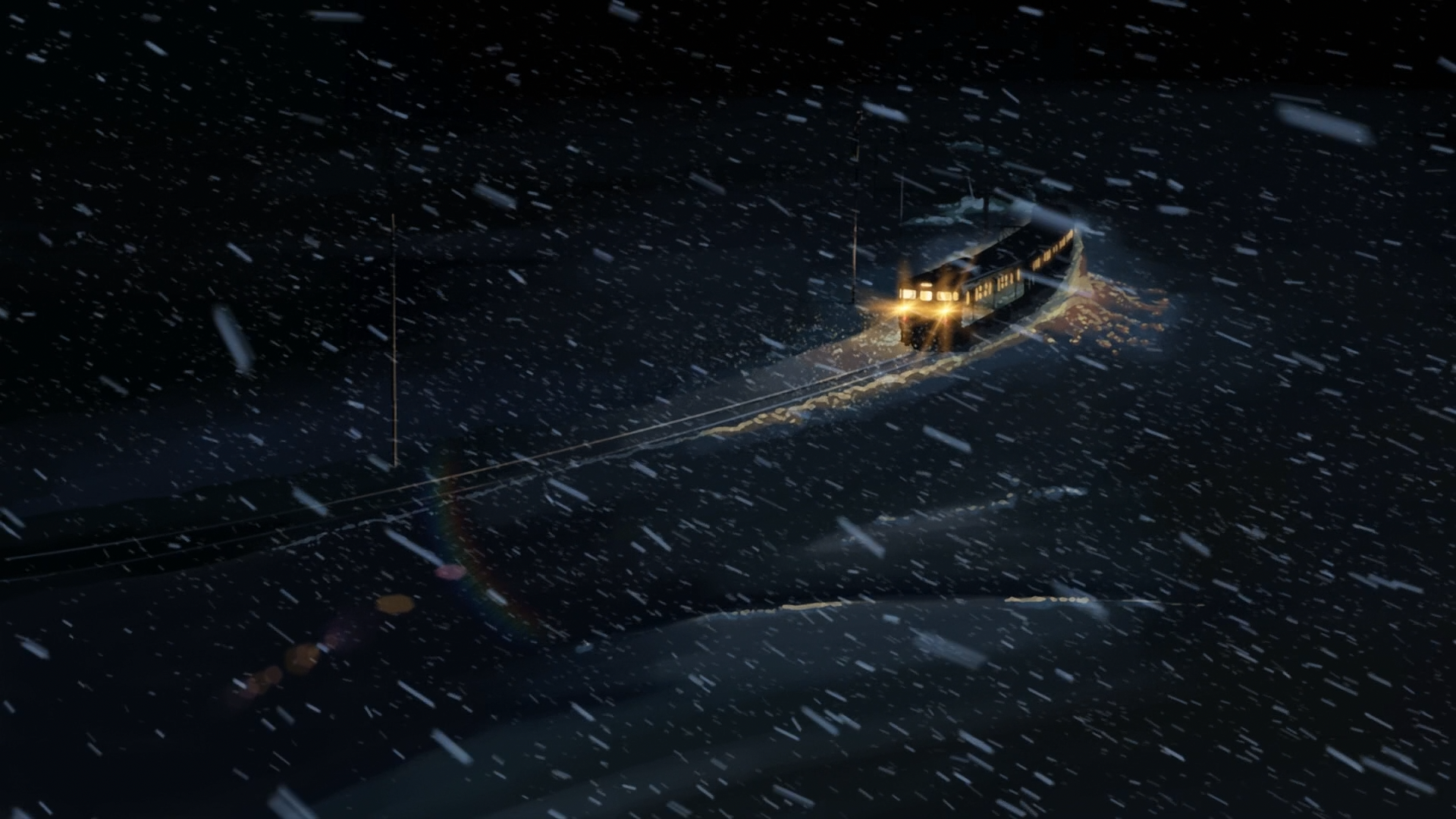 Anime-themed HD desktop wallpaper from 5 Centimeters per Second, featuring a dimly lit boat cruising through snowy, dark waters at night.