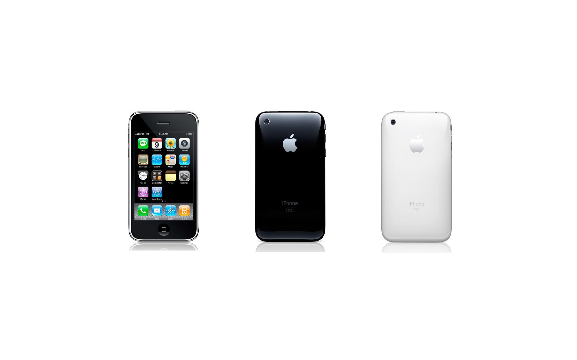 HD desktop wallpaper featuring three views of a classic Apple Inc. iPhone against a white background, highlighting technology design and sleek aesthetics.