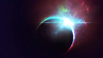 An abstract depiction of a celestial eclipse, featuring vivid colors against a deep black background. This HD image serves as a striking desktop wallpaper and background.