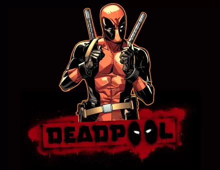 A vibrant HD wallpaper featuring Deadpool, the Merc with a Mouth, striking a bold pose with dual katanas, accompanied by the iconic red and black Deadpool logo.