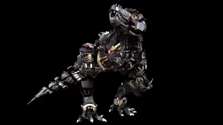 HD PC desktop wallpaper of a sci-fi robotic dinosaur with metallic armor and glowing elements against a black background.