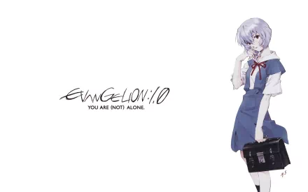 HD PC wallpaper featuring Rei Ayanami from the anime Evangelion: 1.0 You Are (Not) Alone, with a clean, minimalist white background and title text.