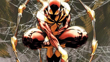 HD PC desktop wallpaper featuring the Scarlet Spider from a comic, crouched with mechanical spider legs and webbing in the background.