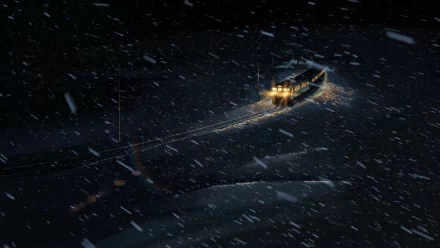 Anime-themed HD desktop wallpaper from 5 Centimeters per Second, featuring a dimly lit boat cruising through snowy, dark waters at night.