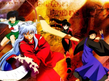 HD desktop wallpaper featuring characters from the anime InuYasha, including InuYasha himself, in an action-packed scene with vibrant colors and dynamic poses.