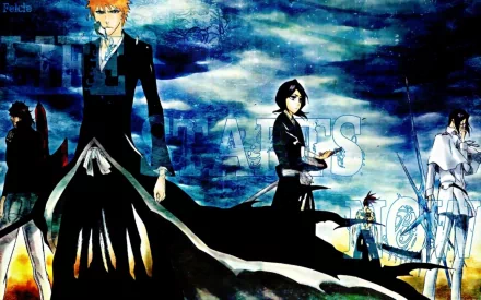 A vibrant HD desktop wallpaper featuring characters Uryu Ishida, Rukia Kuchiki, Renji Abarai, Ichigo Kurosaki, and Yasutora Sado from the anime Bleach against a dramatic backdrop.