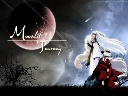 InuYasha, the iconic anime character, stands against a dramatic sky with a moonlit backdrop, embodying a sense of adventure and mystery in this HD desktop wallpaper.