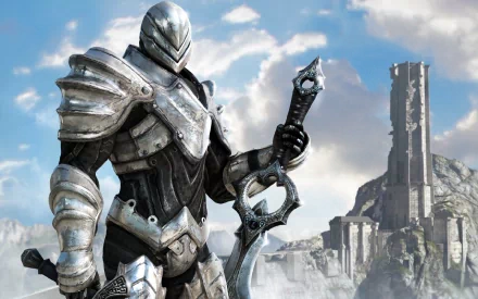 HD PC desktop wallpaper featuring a heavily armored knight from the video game Infinity Blade 2, set against a cloudy sky and ancient ruins backdrop.