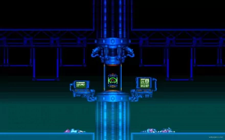 HD PC desktop wallpaper featuring a dark, futuristic lab scene from the video game Super Metroid with glowing blue machinery and computer screens.