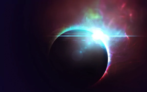 An abstract depiction of a celestial eclipse, featuring vivid colors against a deep black background. This HD image serves as a striking desktop wallpaper and background.