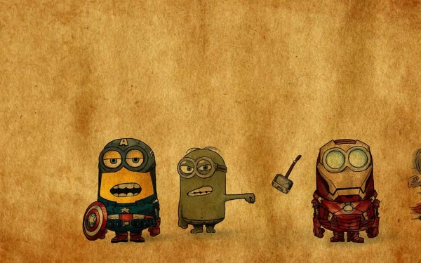 HD desktop wallpaper featuring Minions dressed as Marvel superheroes, including Captain America, Hulk, Iron Man, and Thor. Background has a textured, parchment-like appearance.