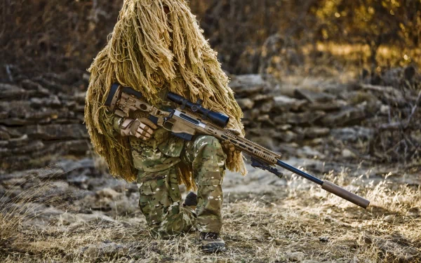 A camouflaged sniper crouches in a natural setting, holding a high-precision rifle, embodying military expertise. This HD wallpaper captures the stealth and skill of modern warfare.