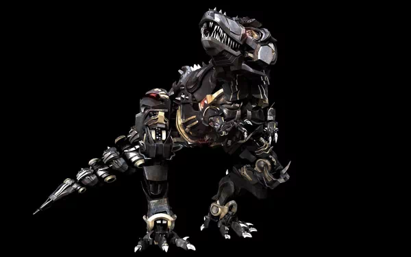 HD PC desktop wallpaper of a sci-fi robotic dinosaur with metallic armor and glowing elements against a black background.