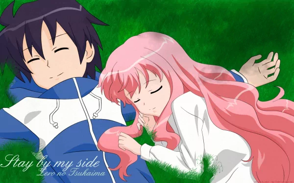 A serene HD wallpaper from Zero no Tsukaima, featuring two characters peacefully resting on green grass, with the text Stay by my side integrated into the scene.