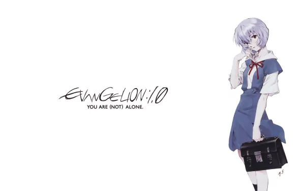 HD PC wallpaper featuring Rei Ayanami from the anime Evangelion: 1.0 You Are (Not) Alone, with a clean, minimalist white background and title text.