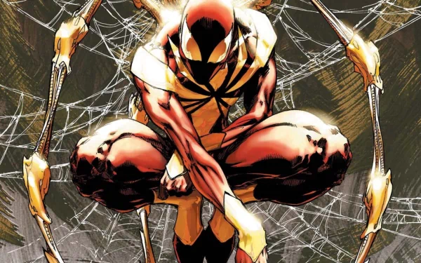 HD PC desktop wallpaper featuring the Scarlet Spider from a comic, crouched with mechanical spider legs and webbing in the background.