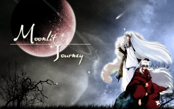 InuYasha, the iconic anime character, stands against a dramatic sky with a moonlit backdrop, embodying a sense of adventure and mystery in this HD desktop wallpaper.