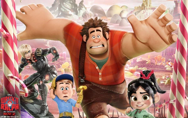 HD desktop wallpaper featuring characters Vanellope von Schweetz, Sergeant Calhoun, and Ralph from the movie Wreck-It Ralph, set in a vibrant, candy-themed world.