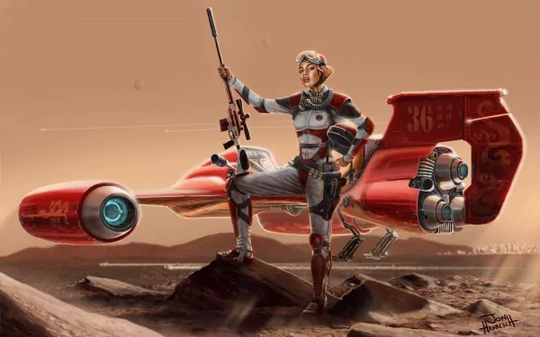 A confident woman warrior stands as a bounty hunter beside her sleek spacecraft, set against a futuristic desert landscape, embodying the essence of Star Wars sci-fi adventure.