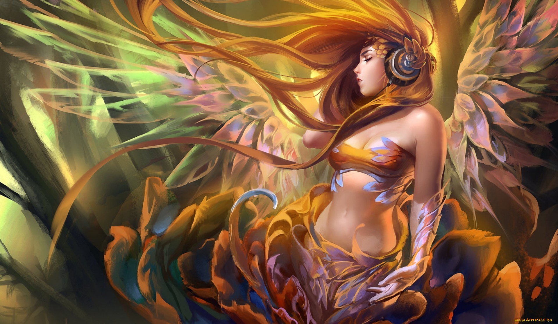 Download Wings Headphones Red Hair Long Hair Fantasy Angel HD Wallpaper by  Sakimichan