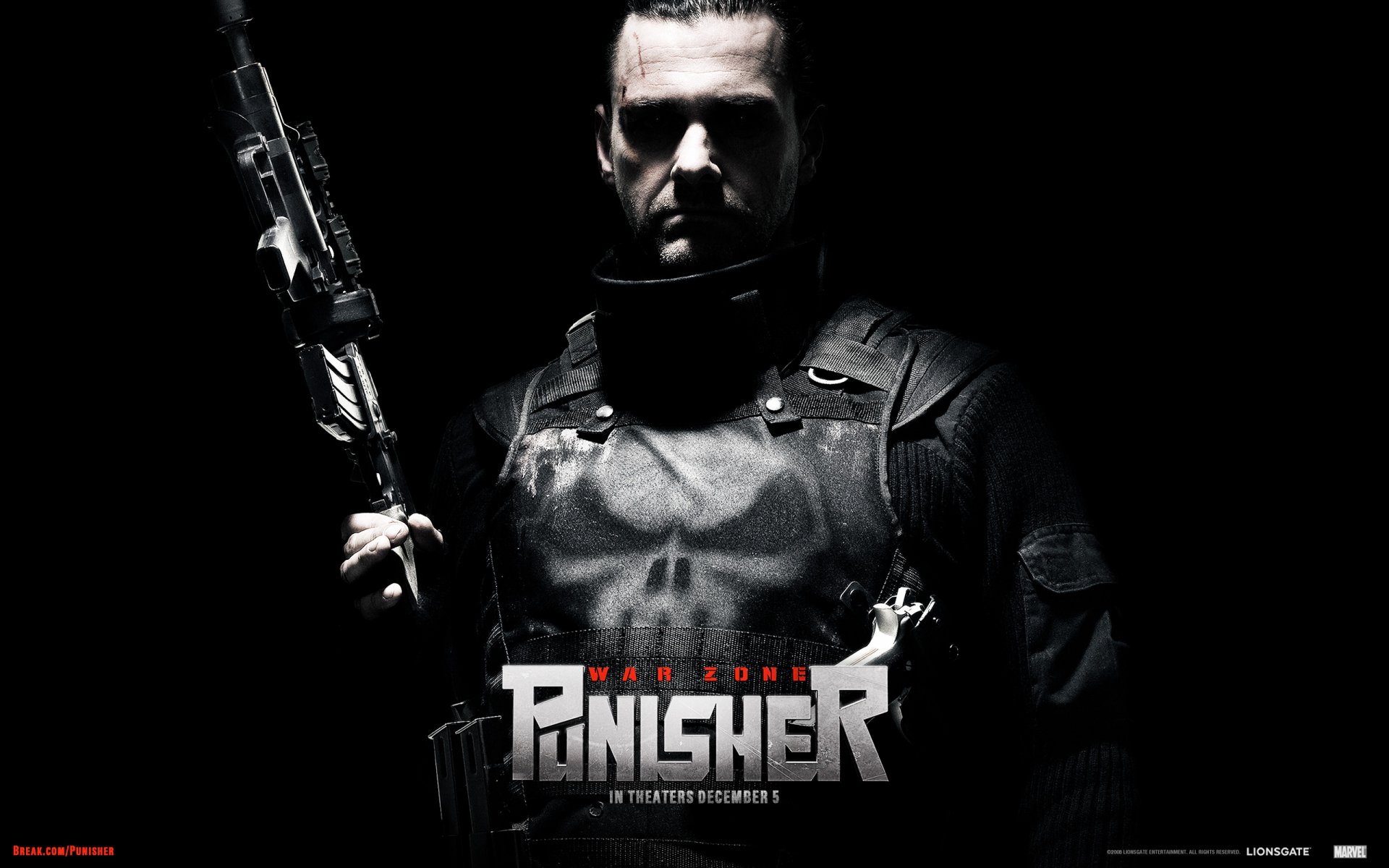 HD desktop wallpaper featuring the Punisher from the movie Punisher: War Zone, showcasing a dark, intense portrait with the iconic skull emblem.