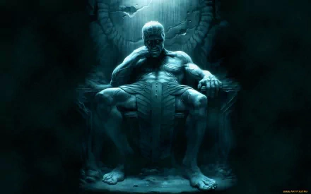 HD PC desktop wallpaper: dark, muscular man on a stone throne with winged relief behind him, teal moonlight and bats drifting through mist.