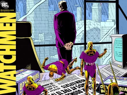 HD PC wallpaper of Ozymandias (Watchmen, DC Comics): a purple-clad man with hands behind his back in an office, overlooking a city; golden figurines and newspapers scatter the desk.