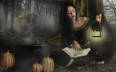 A mystical woman in a dark dress sits in a forest, holding a lantern and reading a book, surrounded by pumpkins and mist, creating an enchanting fantasy atmosphere.